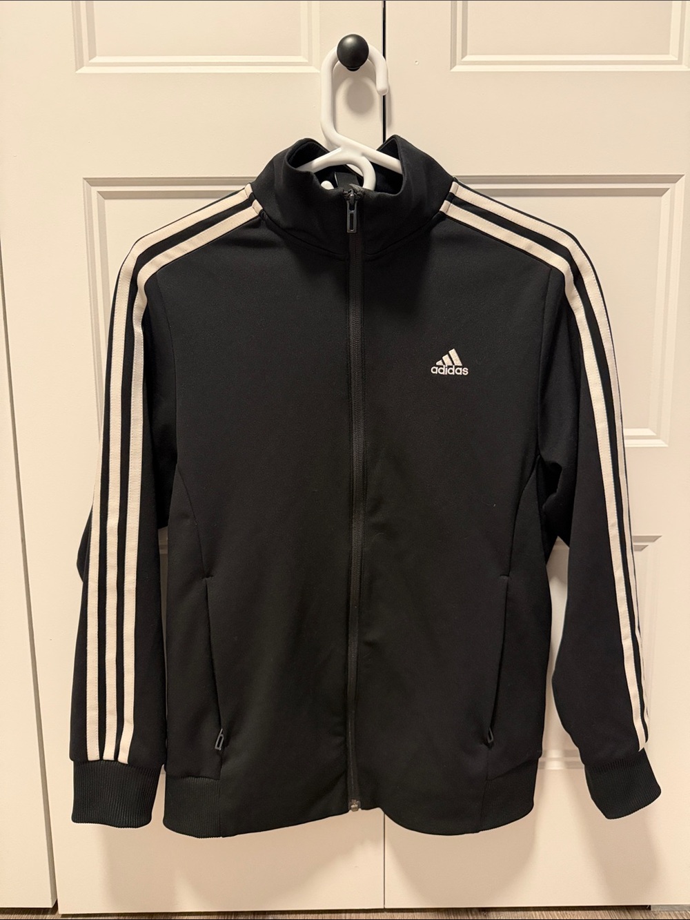 Kids Adidas Black Track Jacket with White Stripe Accents